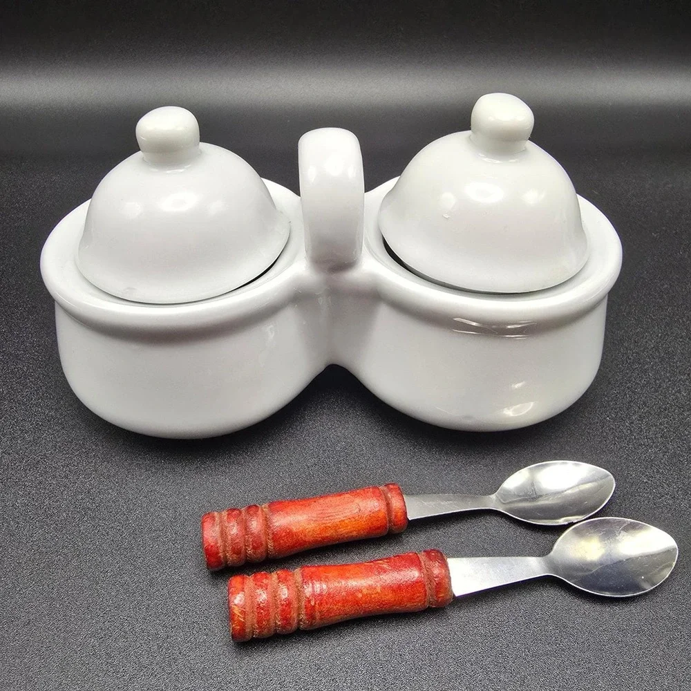 Houston Harvest HH Double Ceramic Condiment Server‎ Dish with Spoons White